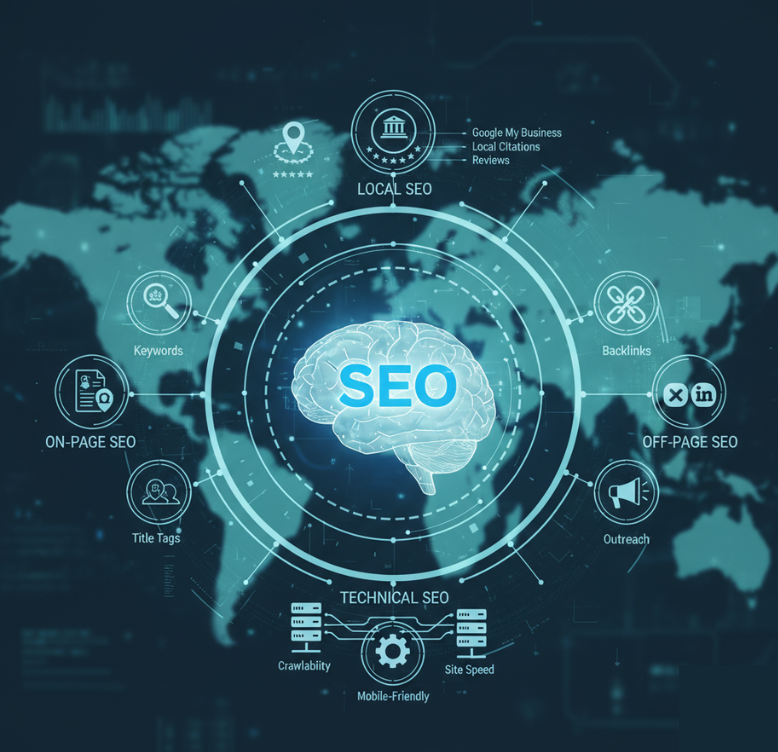 SEO diagram showing on-page, off-page, technical, and local SEO elements connected around a central SEO icon.
SEO guide for beginners
